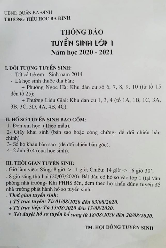 Trường TH Ba Đình thông báo tuyển sinh lớp 1 năm học 2020 - 2021