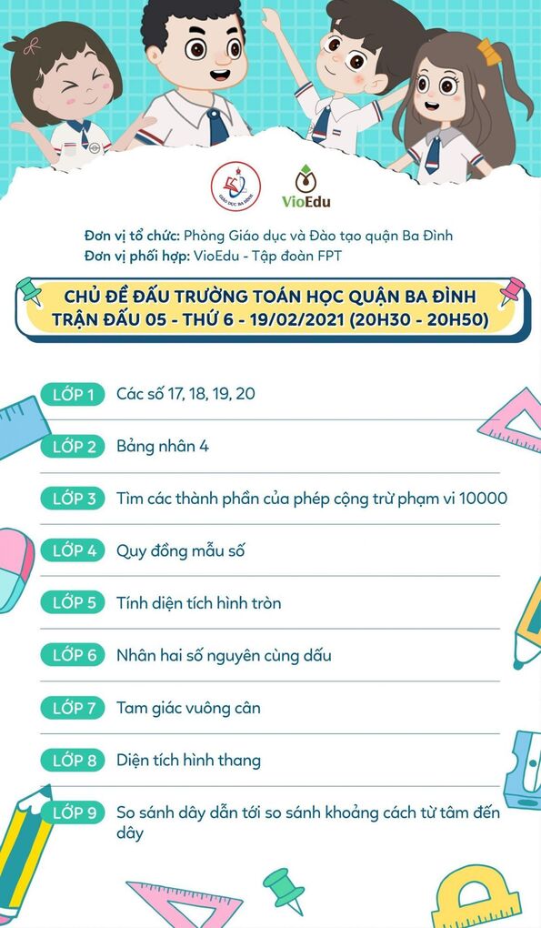 Trường Tiểu học Ba Đình thông báo: Chủ đề Đấu trường toán học quận Ba Đình của trận đấu 05 - Thứ 6 - 19/02/2021 (20h30 - 20h50)