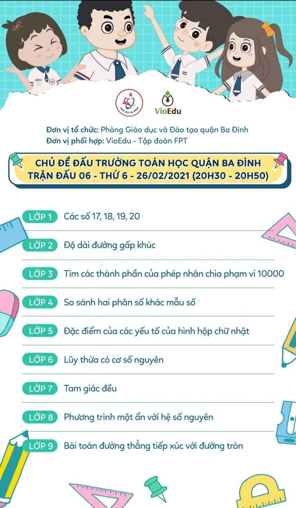 Trường Tiểu học Ba Đình: Thông báo chủ đề trận 6 - Đấu trường toán học quận Ba Đình