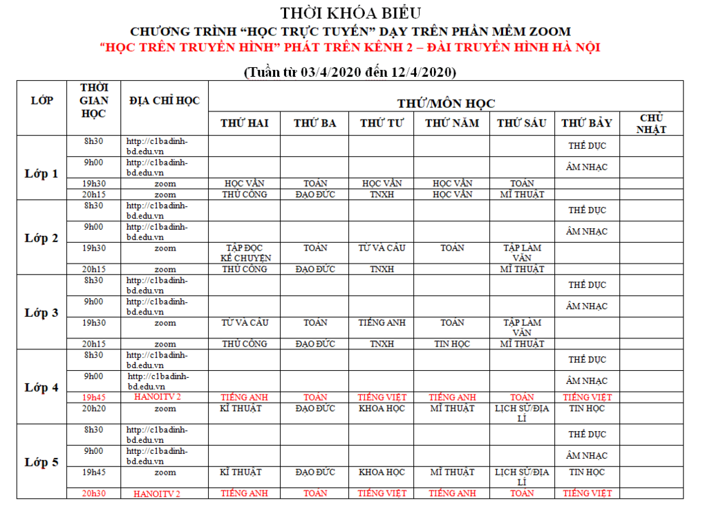 Trường Tiểu học Ba Đình thông báo về việc triển khai chương trình "Học trực tuyến" cho học sinh các khối và tiếp tục "Học trên truyền hình" cho học sinh khối 4,5