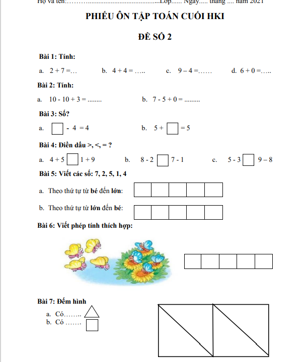 Phiếu ôn tập học kỳ I môn Toán lớp 1 - Phiếu số 2