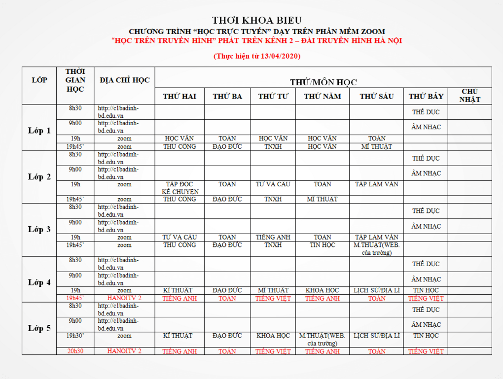 THÔNG BÁO: Điều chỉnh TKB học trực tuyến và học trên truyền hình của học sinh các khối