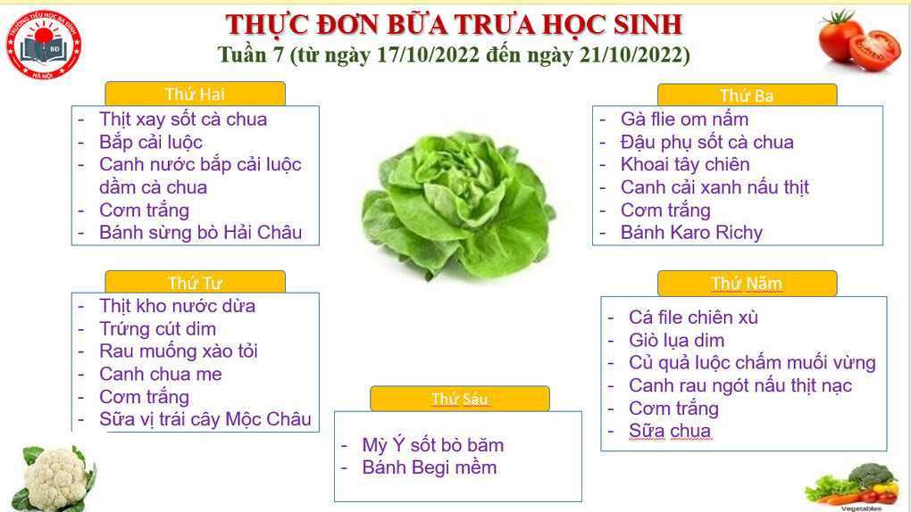 Thực đơn tuần 7 (áp dụng từ 17/10/2022 đến 21/10/2022)