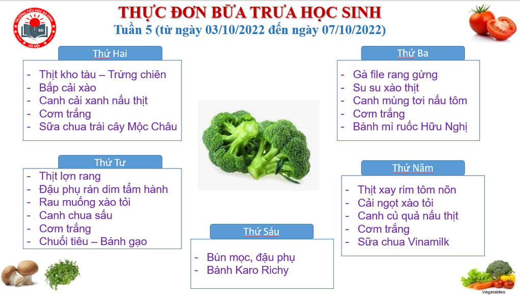 Thực đơn tuần 5 (áp dụng từ 03/10/2022 đến 07/10/2022)