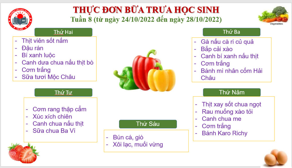 Thực đơn tuần 8 (áp dụng từ 24/10/2022 đến 28/10/2022)