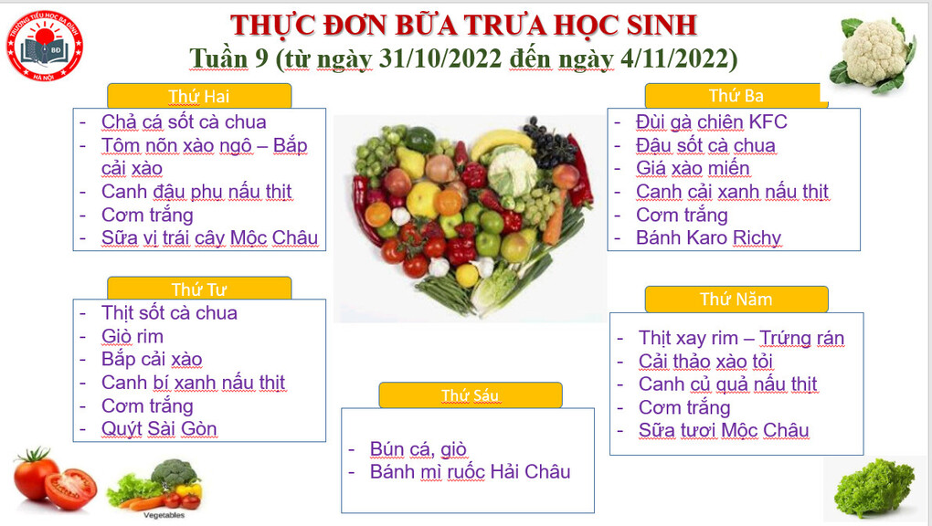 Thực đơn tuần 9 (áp dụng từ 31/10/2022 đến 04/11/2022)