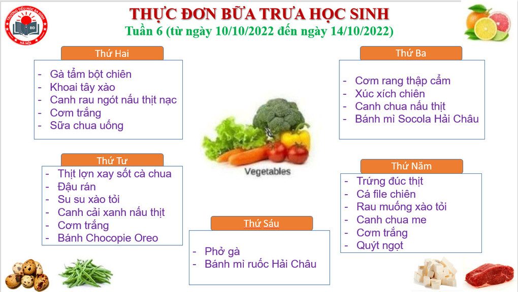 Thực đơn tuần 6 (áp dụng từ 10/10/2022 đến 14/10/2022)