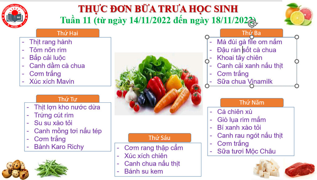 Thực đơn tuần 11 (áp dụng từ 14/11/2022 đến 18/11/2022)