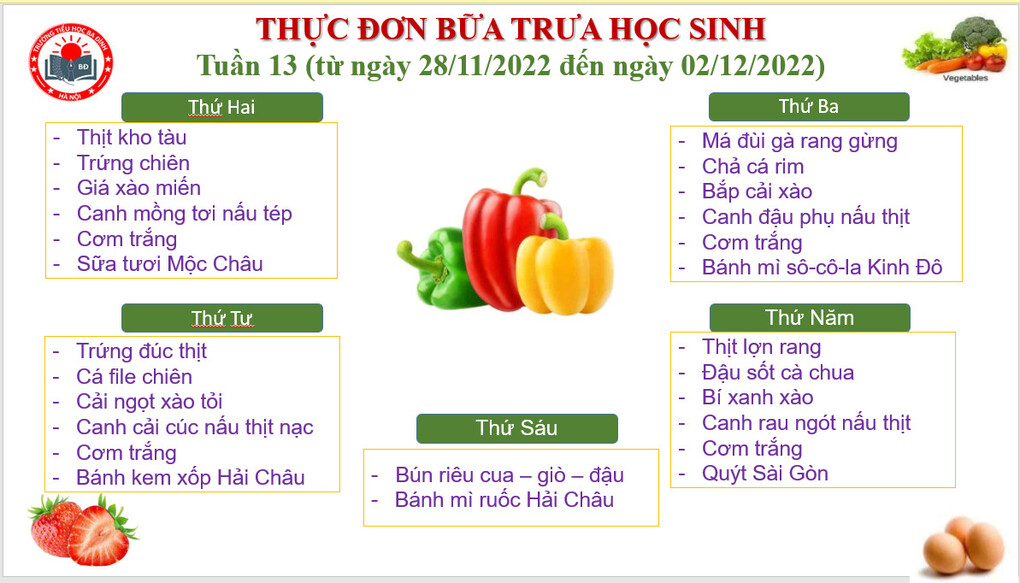 Thực đơn tuần 13 (áp dụng từ 28/11/2022 đến 2/12/2022)