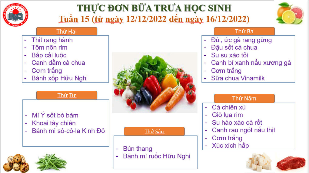 Thực đơn tuần 15 (áp dụng từ 12/12/2022 đến 16/12/2022)