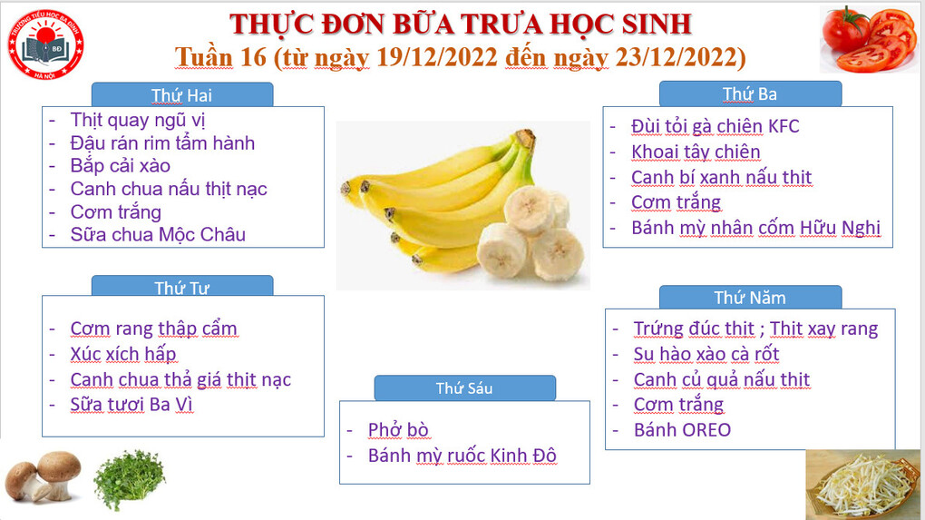Thực đơn tuần 16 (áp dụng từ 19/12/2022 đến 23/12/2022)