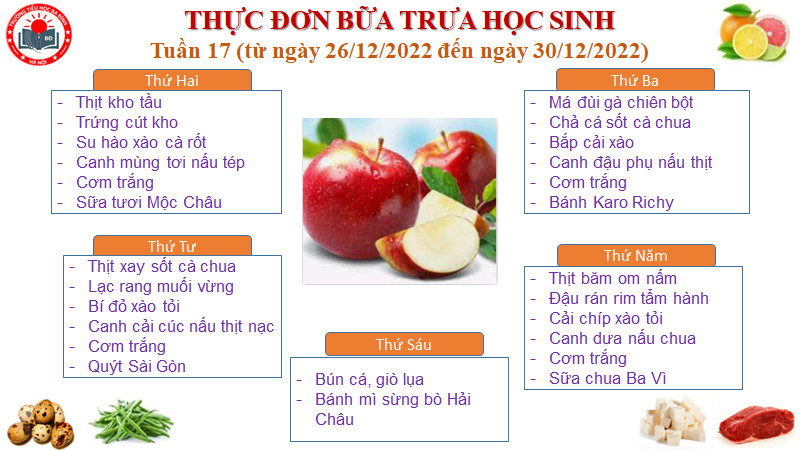 Thực đơn tuần 17 (áp dụng từ 26/12/2022 đến 30/12/2022)