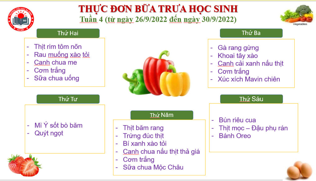 Thực đơn tuần 4 (áp dụng từ 26/9/2022 đến 30/9/2022)
