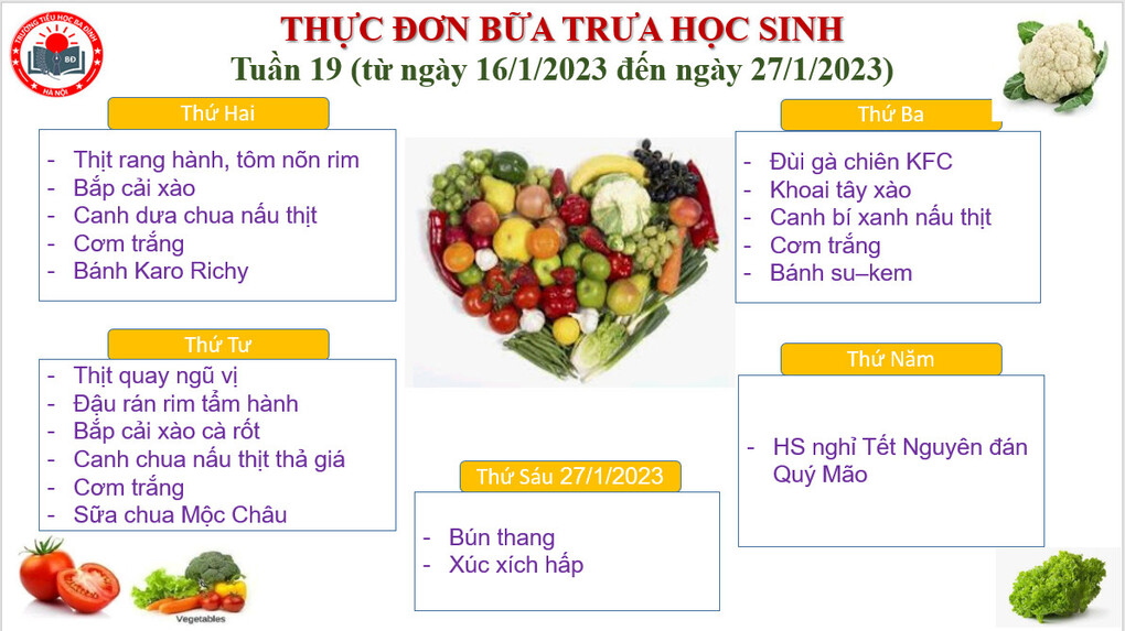 Thực đơn tuần 19 (áp dụng từ 16/1/2023 đến 18/1/2023 và 27/1/2023)