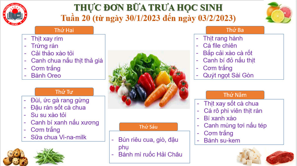 Thực đơn tuần 20 (áp dụng từ 30/1/2023 đến 03/2/2023)