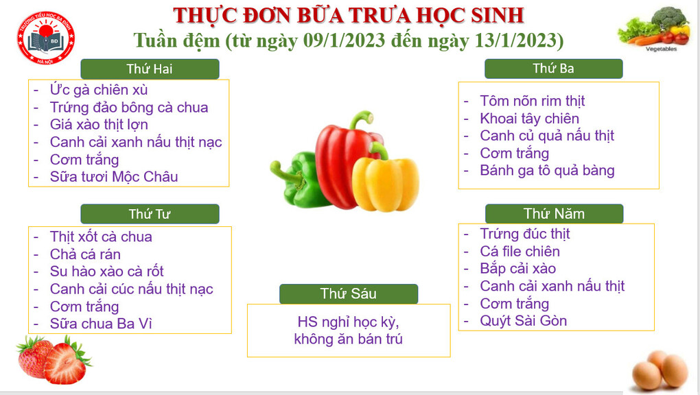 Thực đơn tuần đệm (áp dụng từ 09/1/2023 đến 13/1/2023)