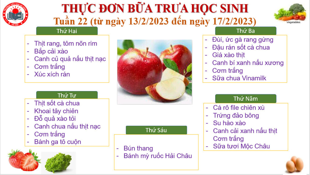 Thực đơn tuần 22 (áp dụng từ 13/2/2023 đến 17/2/2023)