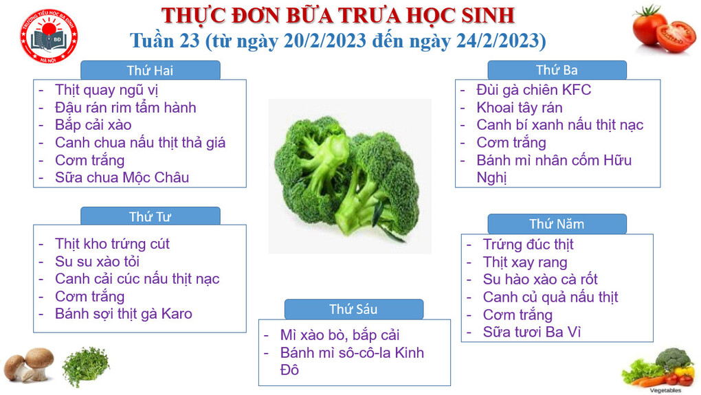 Thực đơn tuần 23 (áp dụng từ 20/2/2023 đến 24/2/2023)