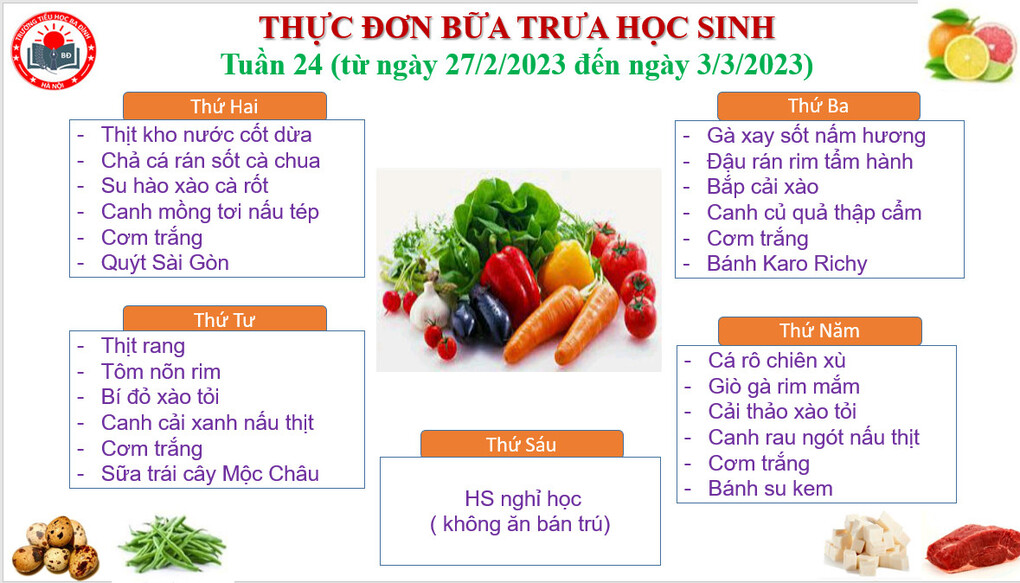 Thực đơn tuần 24 (áp dụng từ 27/2/2023 đến 03/3/2023)