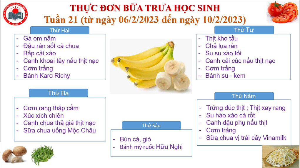 Thực đơn tuần 21 (áp dụng từ 06/2/2023 đến 10/2/2023)