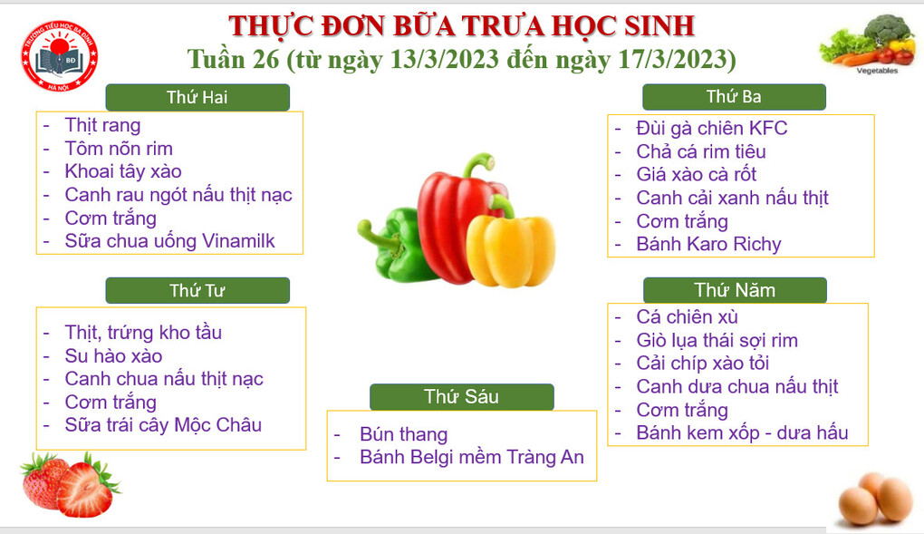 Thực đơn tuần 26 (áp dụng từ 13/3/2023 đến 17/3/2023)