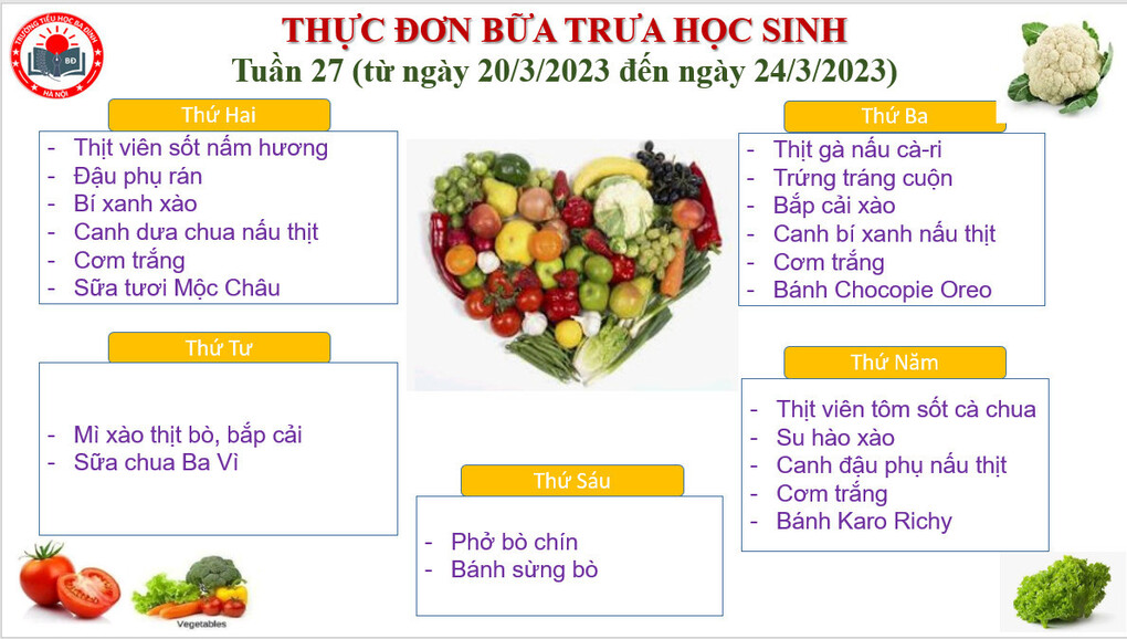Thực đơn tuần 27 (áp dụng từ 20/3/2023 đến 24/3/2023)