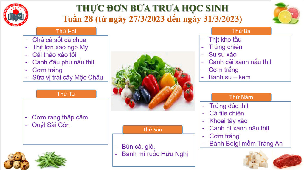 Thực đơn tuần 28 (áp dụng từ 27/3/2023 đến 31/3/2023)