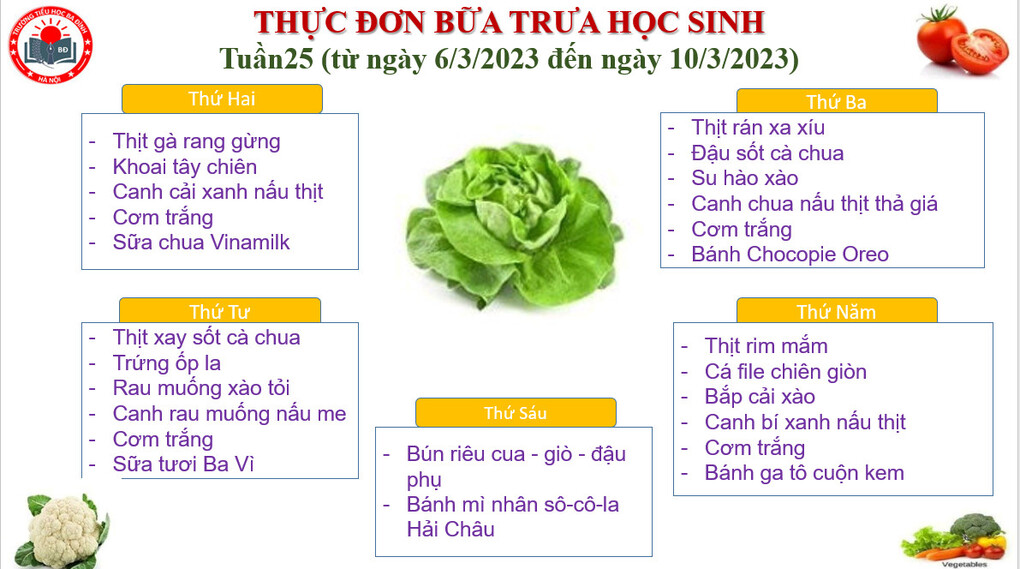 Thực đơn tuần 25 (áp dụng từ 6/3/2023 đến 10/3/2023)