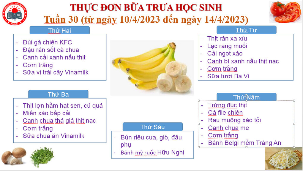 Thực đơn tuần 30 (áp dụng từ 10/4/2023 đến 14/4/2023)