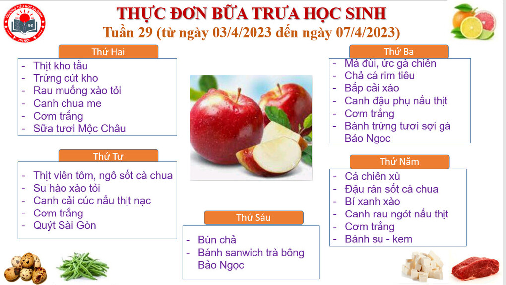 Thực đơn tuần 29 (áp dụng từ 03/4/2023 đến 07/4/2023)