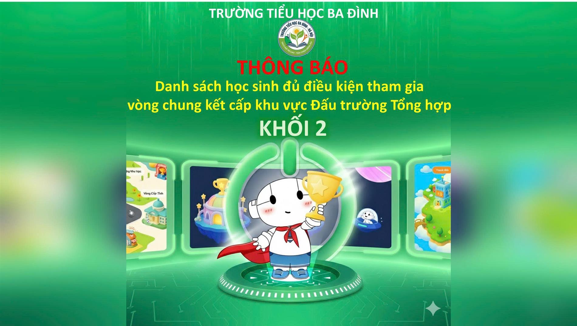 Trường Tiểu học Ba Đình thông báo Danh sách học sinh đủ điều kiện tham gia vòng chung kết cấp khu vực Đấu trường Tổng hợp - Năm học 2025 - 2026 - Khối 2