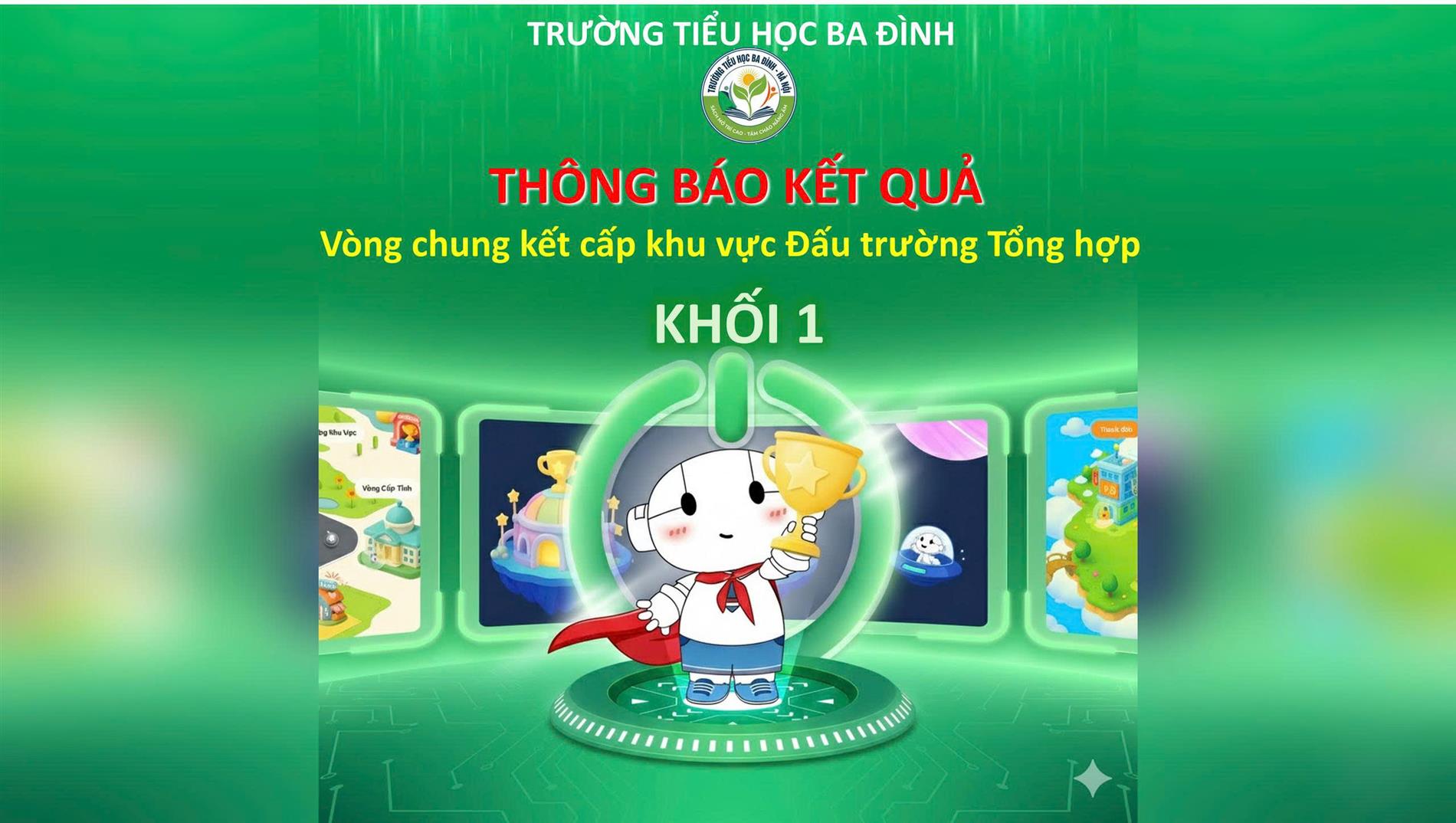 Trường Tiểu học Ba Đình thông báo kết quả Vòng Chung kết cấp khu vực Sân chơi Đấu trường VioEdu – môn Tổng hợp - năm học 2025 – 2026 – KHỐI 1