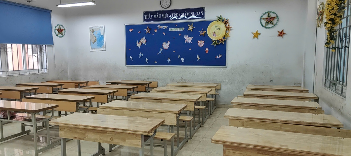 A classroom with desks and a blue board

AI-generated content may be incorrect.