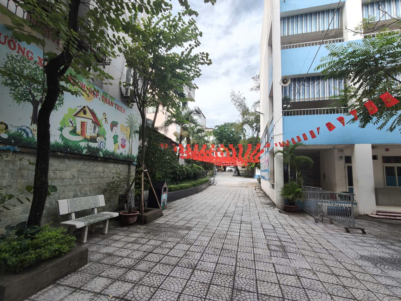 A walkway with flags and trees

AI-generated content may be incorrect.