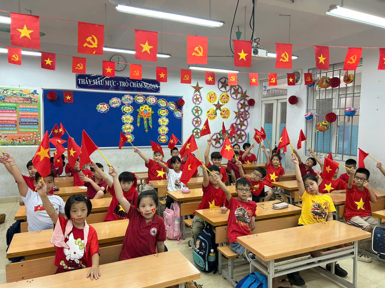 A group of children in a classroom with flags

AI-generated content may be incorrect.
